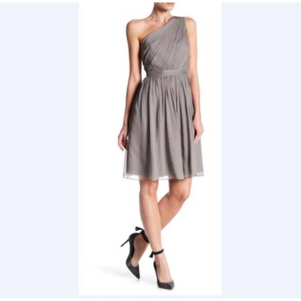 J. Crew Kylie Gray 100% Silk Chiffon One Shoulder Drape Cocktail Bridal Dress, 8